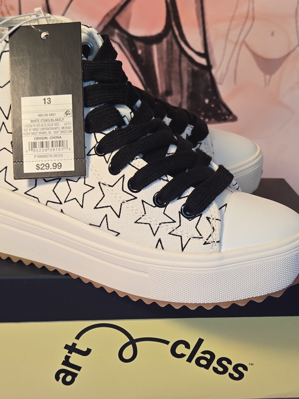 Art Class Kids' White Star High-Top Sneakers with Black Laces - Size 13 - Picture 4 of 10